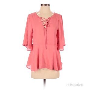 Coral Pink Lace Up Peplum Top‎ Blouse Short Flutter Sleeve Flowy XS X-Small New